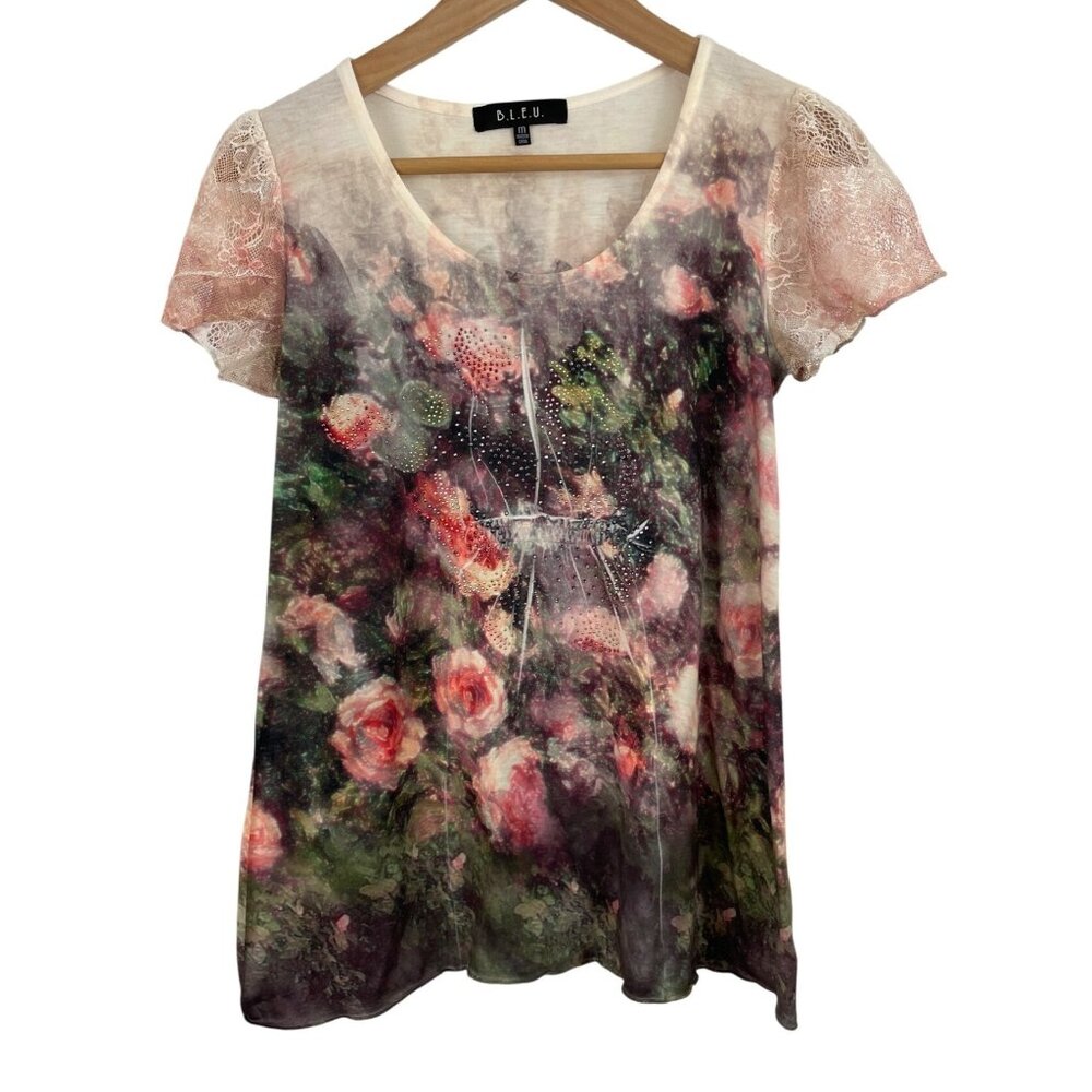 B.L.E.U. Womens Size Medium Floral Embellished Short Sleeve T-shirt Lace Sleeve